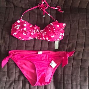 Gilly Hicks Pink polka dot ruffled swim suit